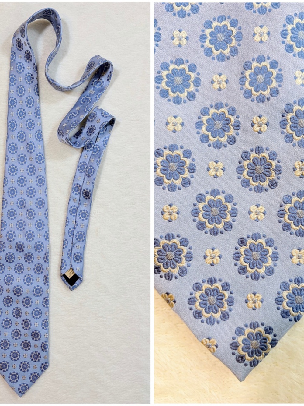 Villa Bolgheri Men's Floral Light‎ Blue Cream 100% Silk Woven Designer Tie